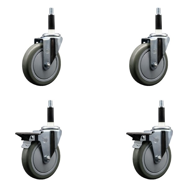 5'' Gray Poly Wheel Swivel 7/8'' Expanding Stem Caster Set 2 Brakes, 4PK